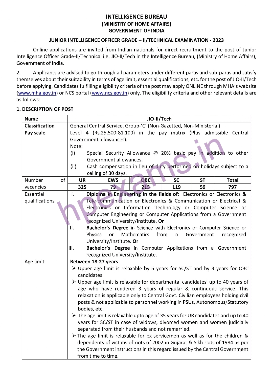 Intelligence Bureau JIO Recruitment HPExams.in