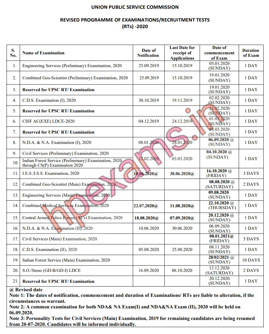 UPSC Revised Annual Calendar HPExams.in