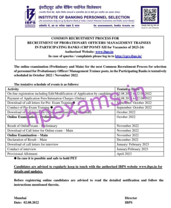 IBPS PO 2022 CRP PO/ MTXII Notification HPExams.in